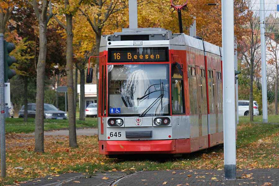 Eine Straßenbahn der Linie 16 mit der Zielanzeige Beesen fährt auf herbstlich belaubter Strecke.