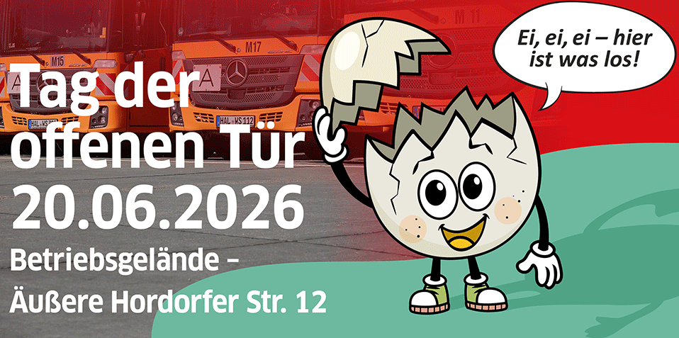 Eine Eierschale lächelt in die Kamera und bewirbt den Tag der offenen Tür.
