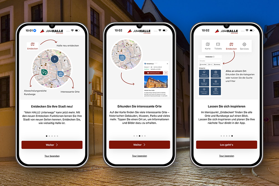 3 Smartphone Screenshots der Mein HALLE Unterwegs App zu dem Feature Erkunden.