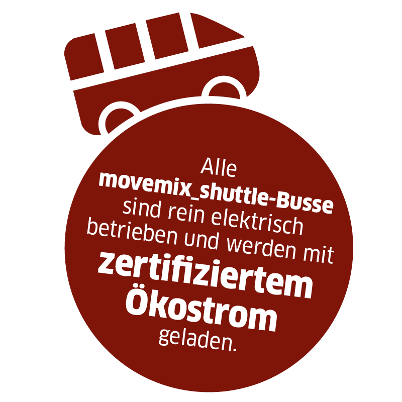 Piktogramm mit Text "Alle movemix_shuttle-Busse sind rein elektrisch betrieben und werden mit zertifiziertem Ökostrom geladen."