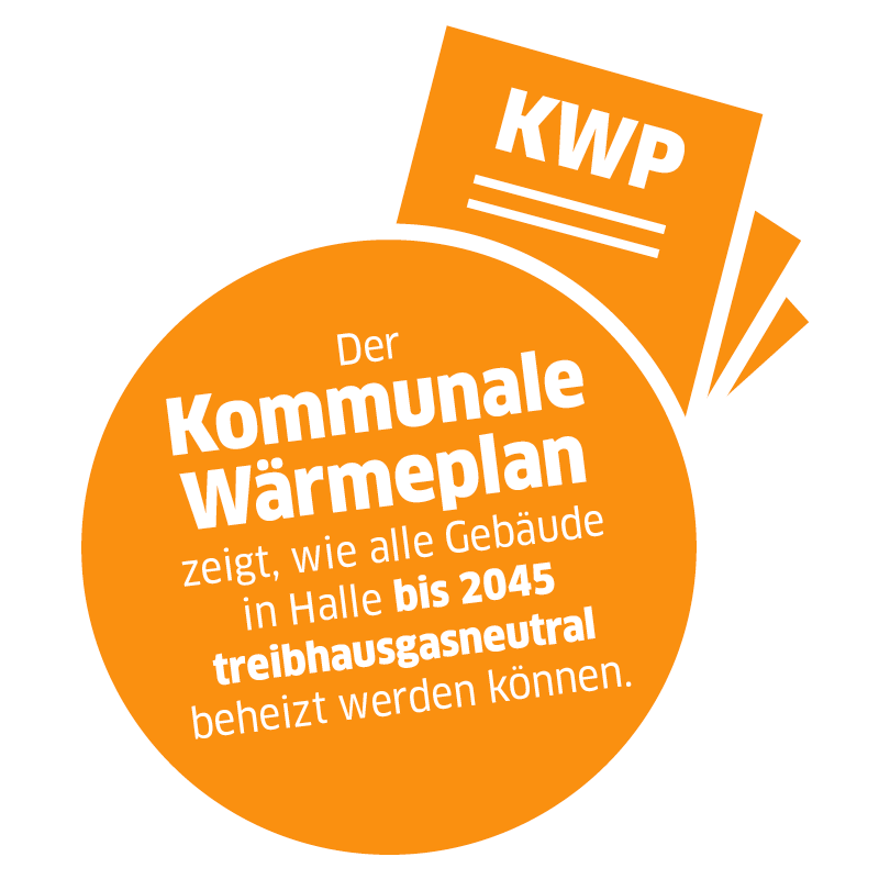 Piktogramm mit Text "Der Kommunale Wärmeplan zeigt, wie alle Gebäude in Halle bis 2045 treibhausgasneutral beheizt werden können."