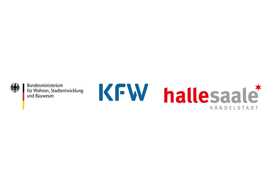 Logo BMWSB mit KfW und Logo Halle (Saale)