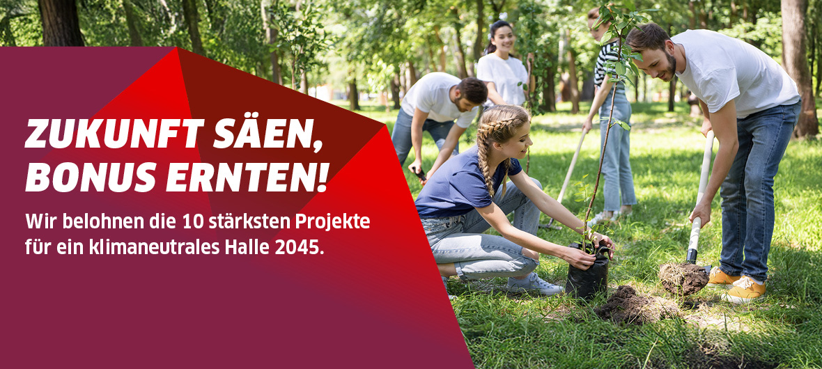 Junge Menschen pflanzen Bäume auf einer Wiese.