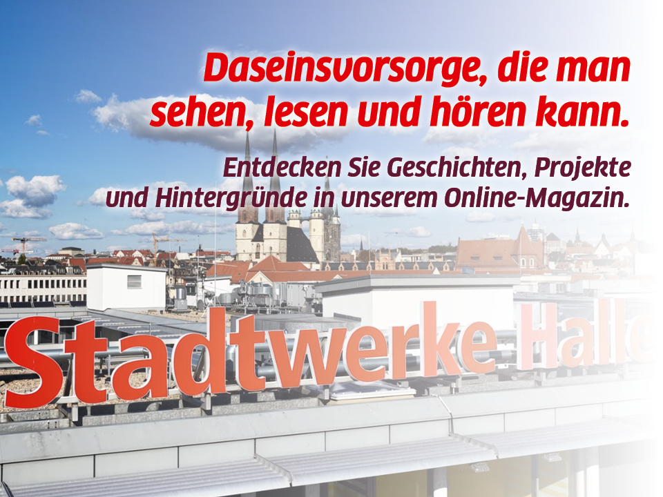 Schriftzug der Stadtwerke Halle auf dem Hauptgebäude.
