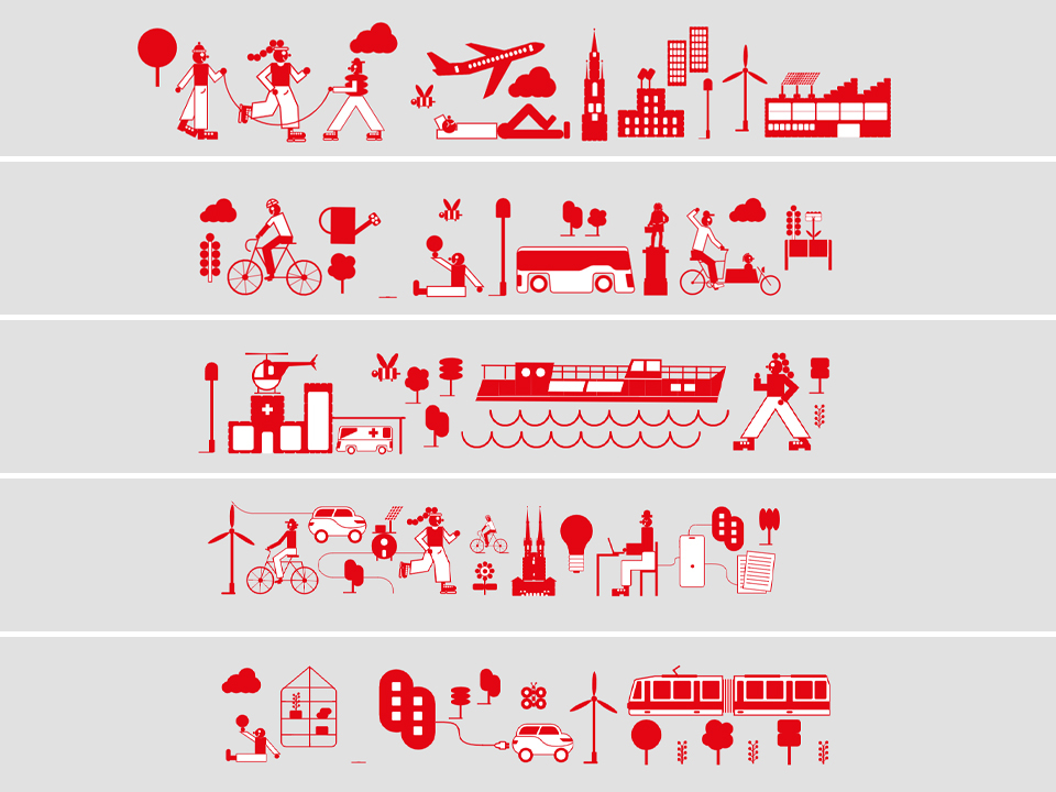 Rote Icons auf grauem Hintergrund erläutern die Ziele von Smart City.