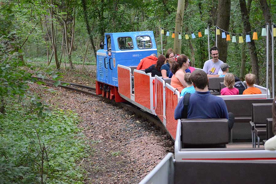 Auf diesem Foto ist der blau-rote Peißnitzexpress von hinten zu sehen, der auf Schienen zwischen grünen Bäumen fährt. In der Bahn sitzen einige Erwachsene und Kinder.