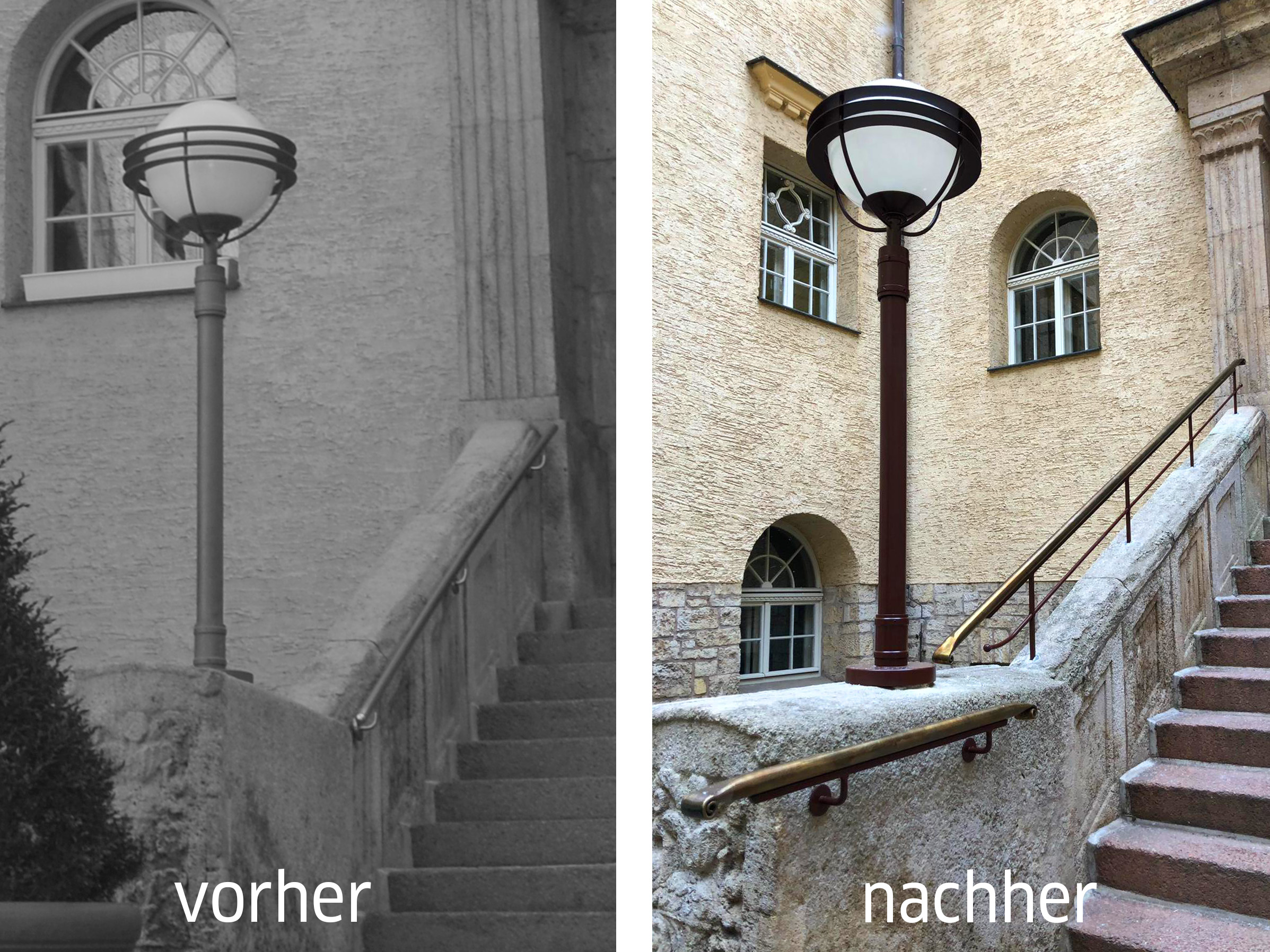 Das Bild zeigt einen Vergleich zwischen dem alten und neuen Handlauf am Eingang des Stadtbades. 