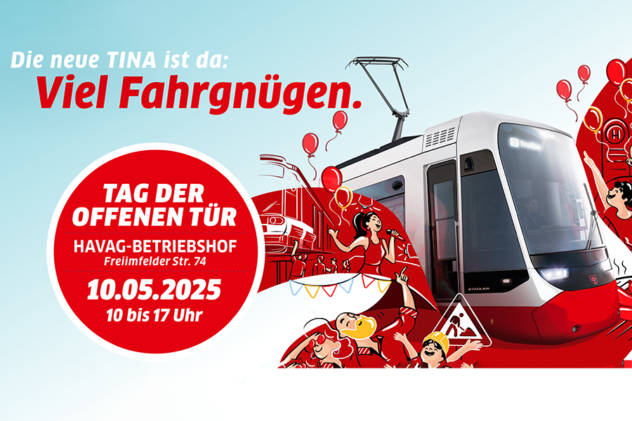 Ein paar lustige Comicfiguren laden zum Tag der offenen Tür bei der HAVAG ein. Im Hintergrund die neue TINA-Bahn.
