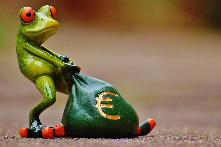 Eine hellgrüne Froschfigur zieht einen dunkelgrünen Geldsack von links nach rechts durchs Bild.