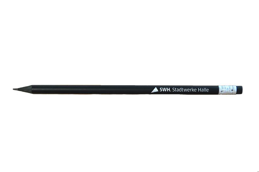 Das Foto zeigt einen schmalen schwarzen Bleistift mit silberner Aufschrift "SWH.Stadtwerke Halle"
