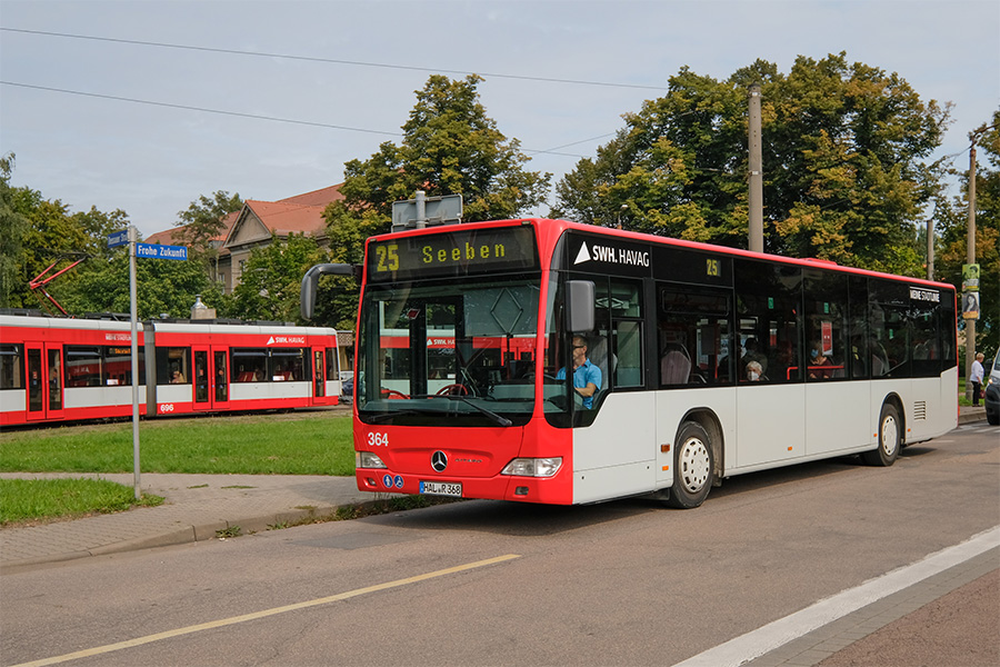 Eine seitliche Aufnahme eines roten Busses der HAVAG. Der Fahrer mit blauem Hemd ist zu erkennen. Die zeilaufschrift lautet "25 Seeben". Im Hintergrund ist eine rote Straßenbahn der HAVAG zu sehen. Der Bus steht vor Bäumen auf einer Straße.