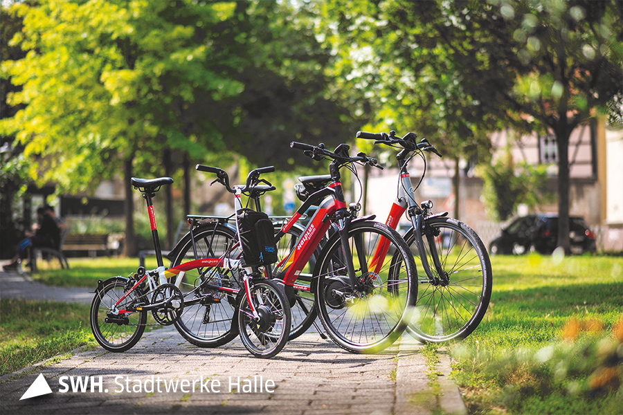 Drei verschiedene Arten von Elektrofahrrädern der EVH stehen nebeneinander aufgereiht. Sie sind schwarz und rot. Der Hintergrund ist verschwommen und zeigt grüne Stadtbäume.