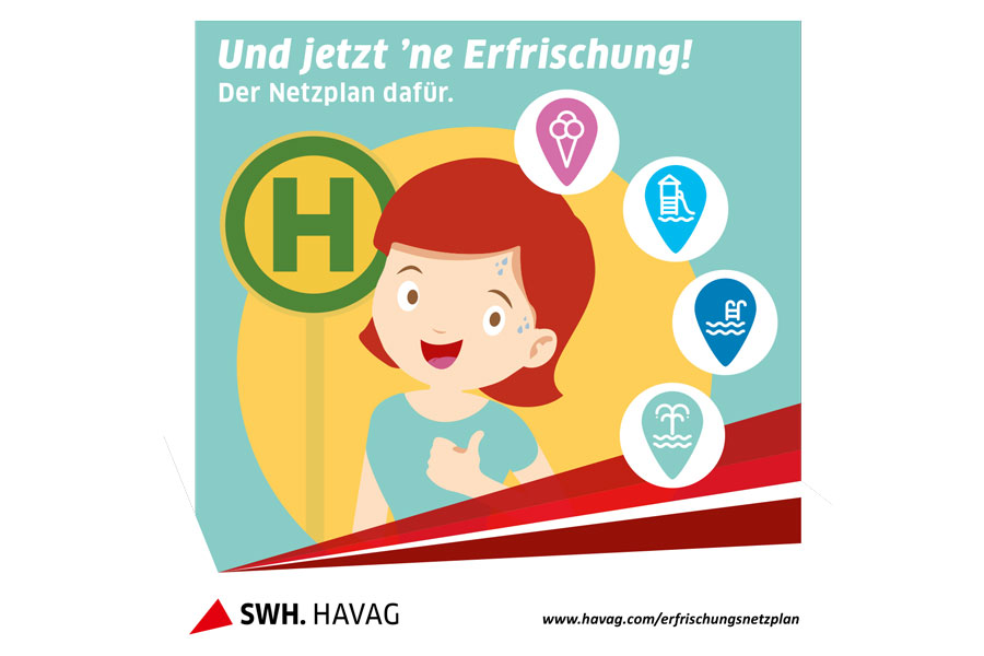 Die Grafik zeigt die erste Seite der Erfirschungsnetzplans. Ein Kind schaut in die Kamers und hält einen Daumen nach oben. Neben ihrem Kopf sind verschiedene Icon: Haltestelle, Eis, Spielplatz, Freibad und Springbrunnen.