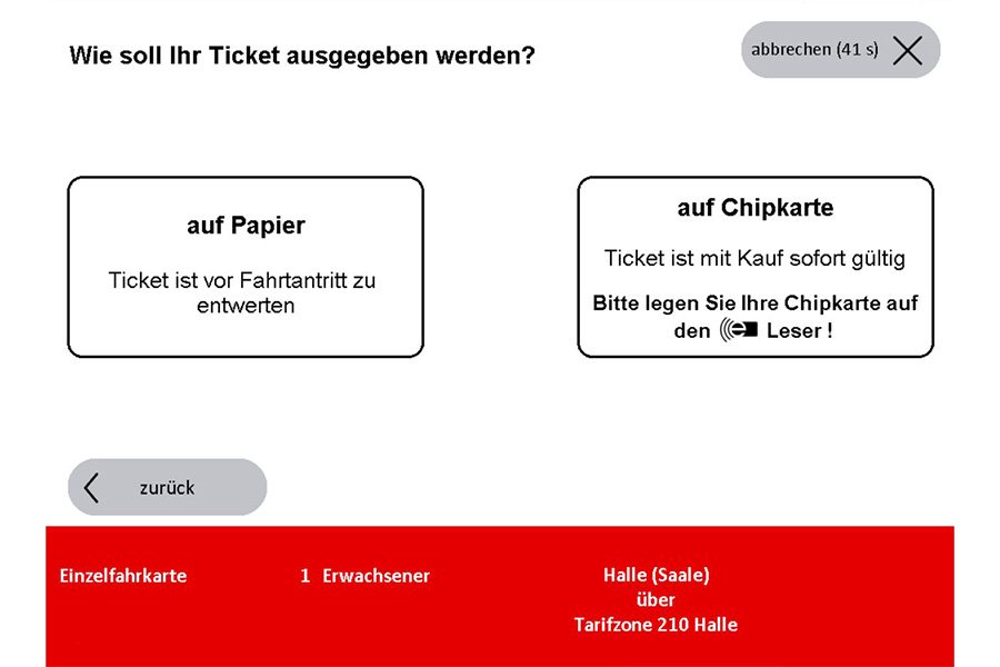 Screenshot eines Fahrkartenautomaten mit den Auswahlmöglichkeiten für Papier- oder papierlose Tickets.