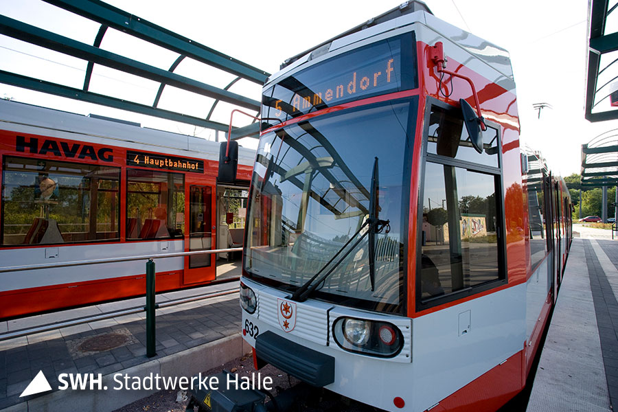 Eine rot-weiße Strßenbahn mit der Nummer 5 nach Ammendorf steht an einer Haltestation.
