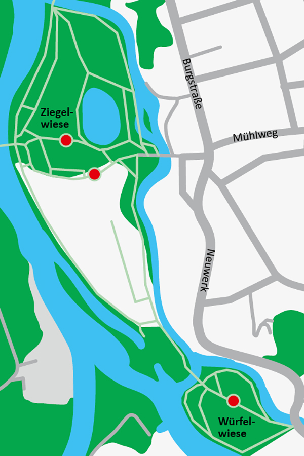 Das Bild zeigt einen Kartenausschnitt von Halle (Saale). In der Karte sind mit roten Punkten die Orte markiert, an denen die drei Stahltonnen stehen.