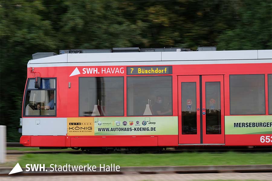 Eine Straßenbahn der Linie 7 in Halle (Saale)