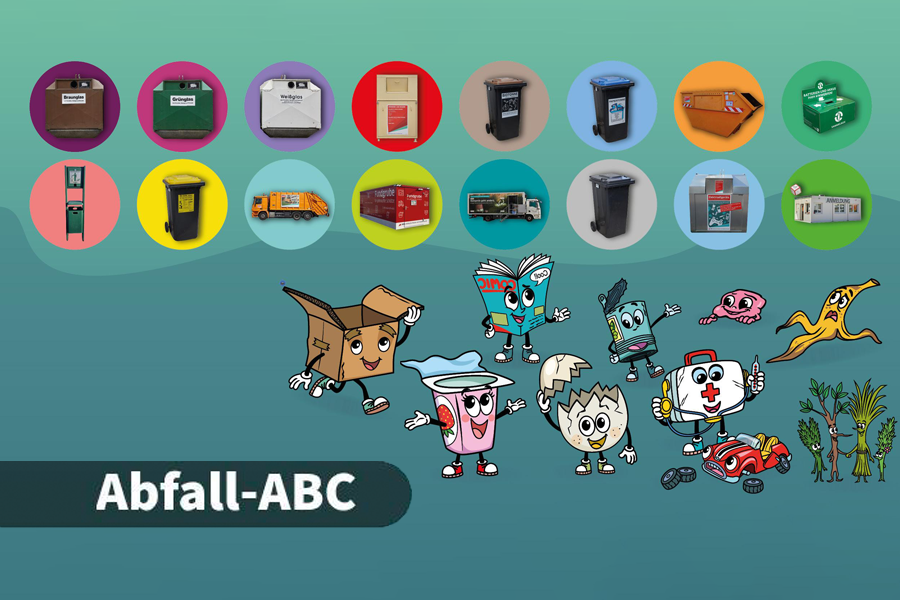 Ein Kampagnen-Bild zum Abfall-ABC - viele Comic-Charaktere mit Bezug zur Abfallwirtschaft