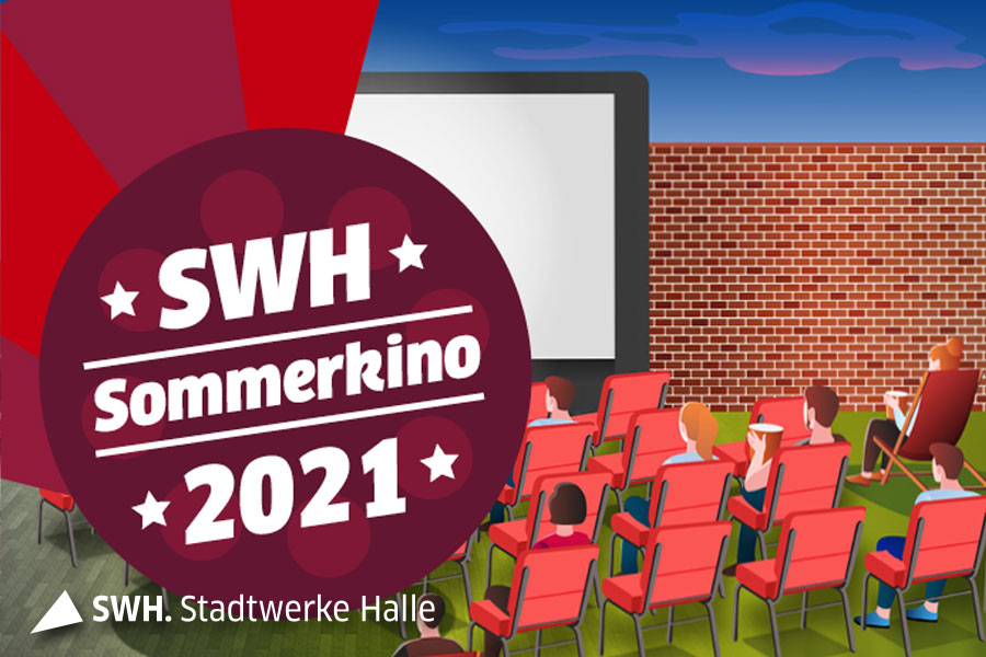 Die Grafik zeigt rote Kinostühle, auf denen Menschen sitzen. Sie blicken auf eine Leinwand, die vor einer mauer steht. Ein bunter roter Kreis in dem "SWH Sommerkino 2021" steht, bewirbt die Aktion der SWH.