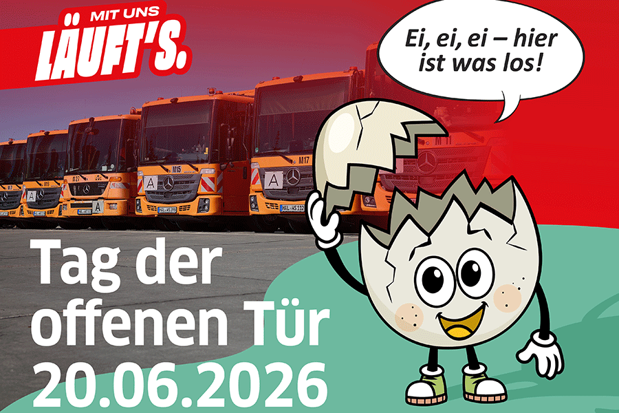 Eine Eierschale lächelt in die Kamera und bewirbt den Tag der offenen Tür.