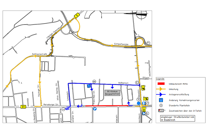 Eine Grafik mit Umleitungen in Halle (Saale).