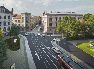 Das Bild zeigt, wie die Große Steinstraße mal aussehen wird. Aus der Vogelperspektive sieht man, dass die Verkehrsführung am Joliot-Curie-Platz neuorganisiert wird und der Platz mit Ampeln ausgestattet wird.